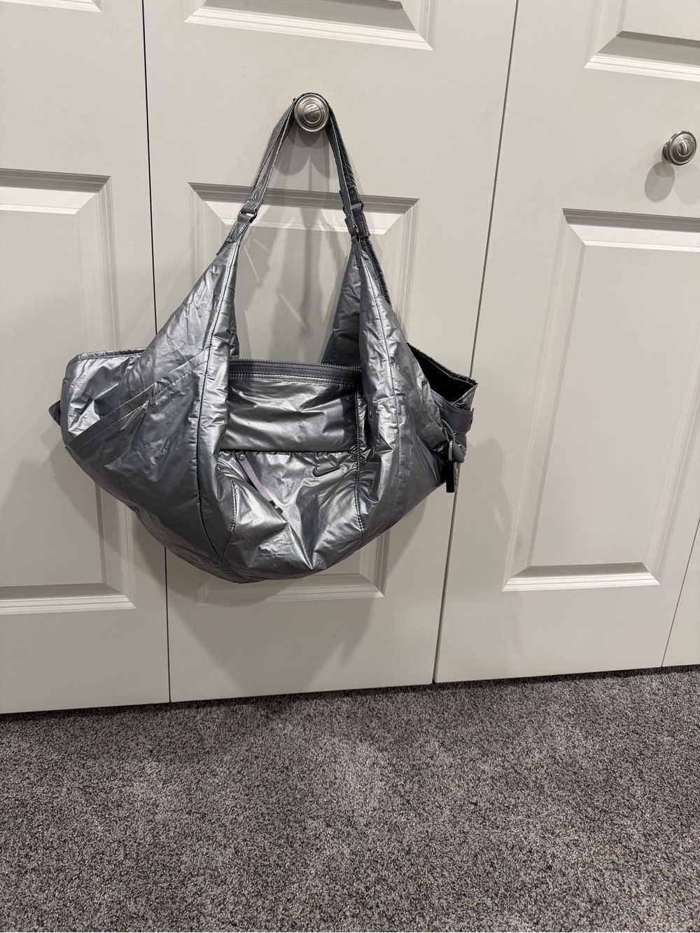 Silver Women's Gym Tote Bag - Lightweight Metallic Shoulder Bag